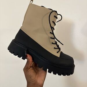Beige and Black Women's Lace-Up Boots